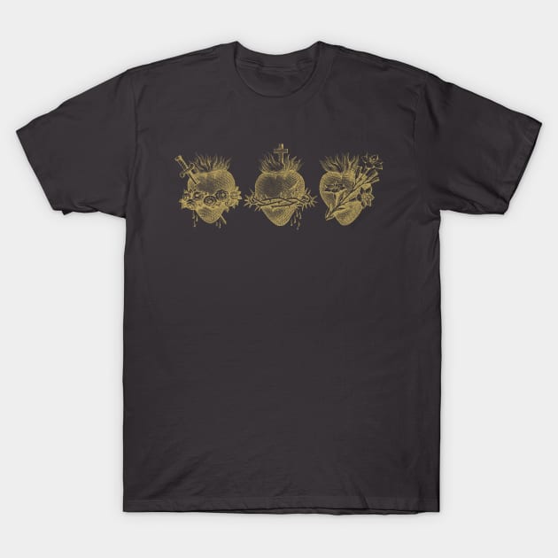 Three Hearts of Jesus, Mary and Joseph (Gold) T-Shirt by TheCatholicMan